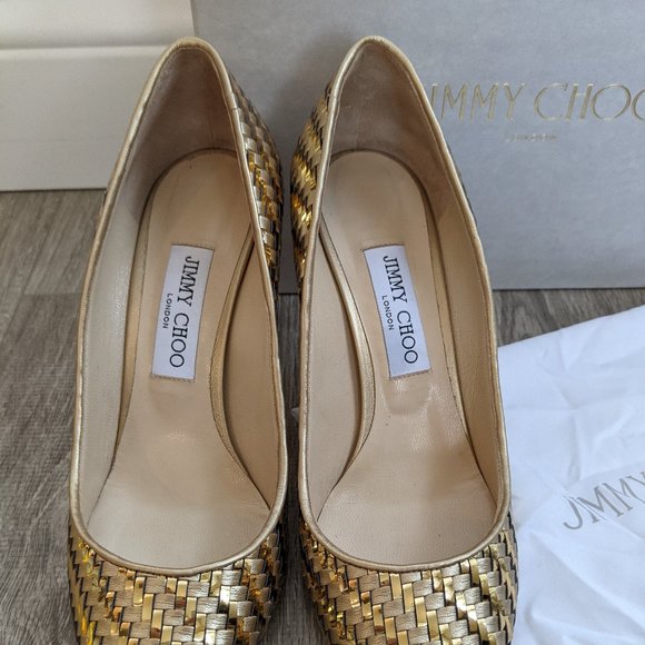 Jimmy Choo Romy 85 Gold Mix Woven Metallic Fabric Pointy Toe Pump Sz/ 8.5 - Picture 9 of 15